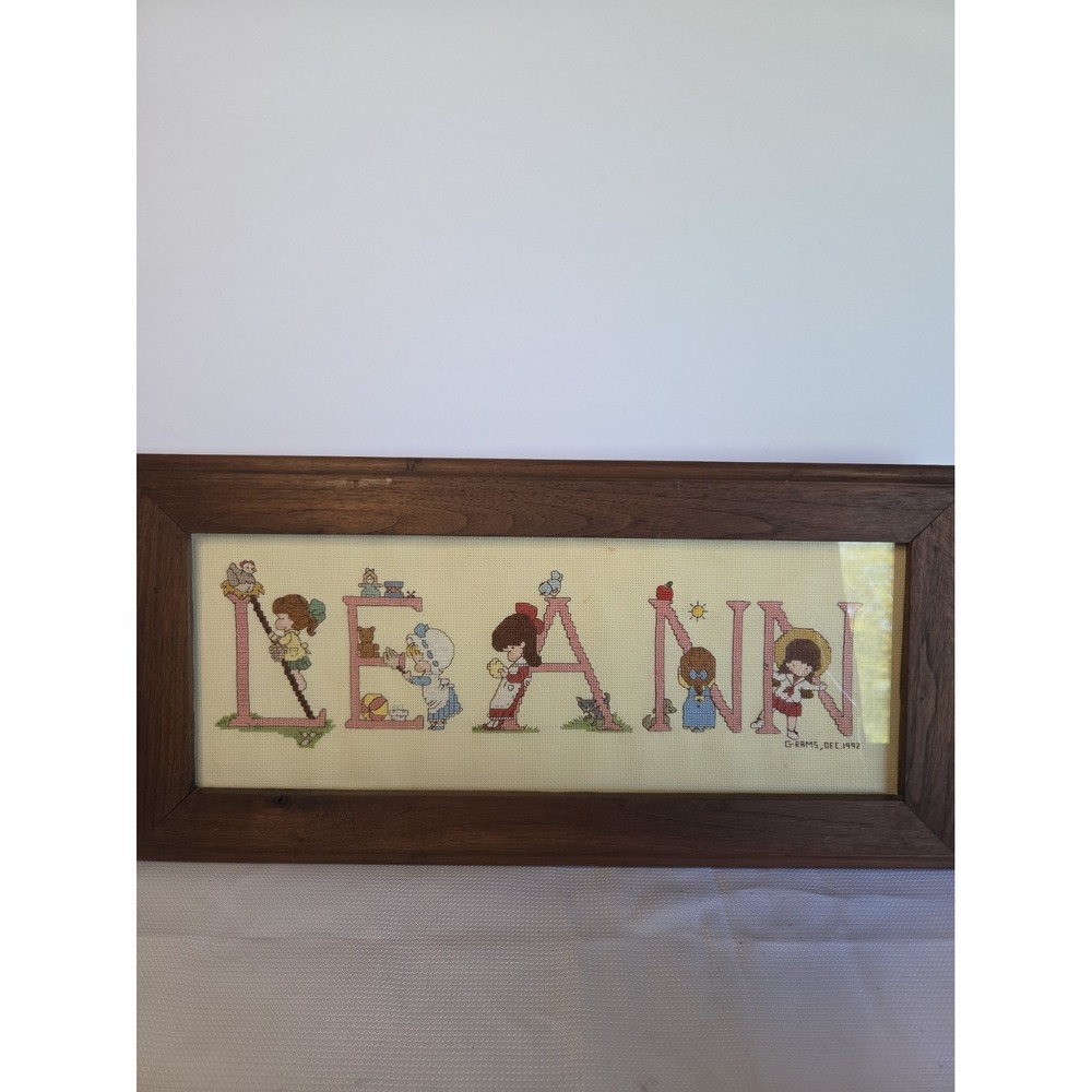Vintage Framed Cross Stitch LEANN Name Needlepoint Girls Room Decor 18x8